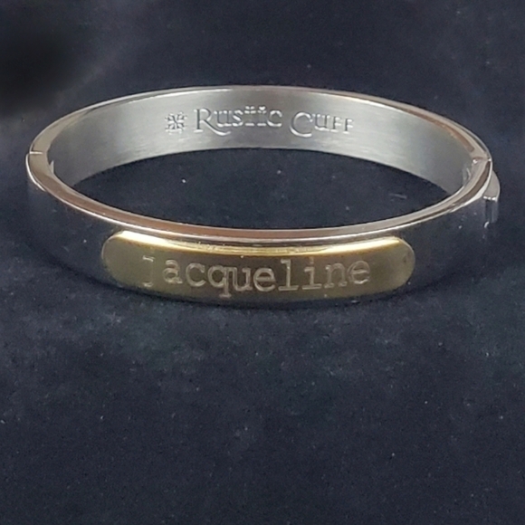 Jacqueline The Rustic Cuff Bracelet Shiny Silver Gold Tone Hinged ID ~6 7/8" - Picture 6 of 9